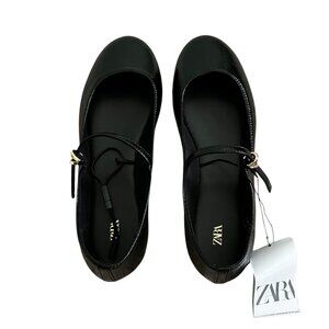 Zara Patent Mary Jane Ballet Flats Black Size 8 Strap & Buckle Round Toe Vegan